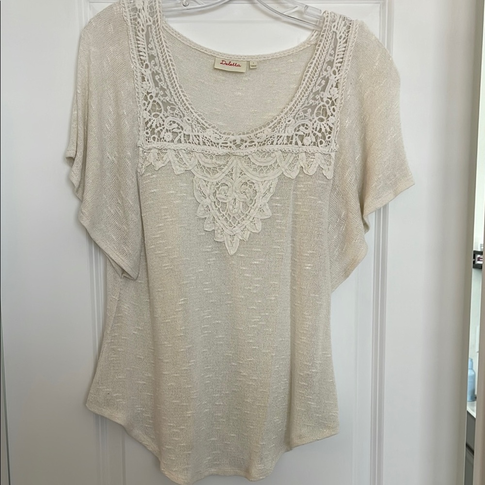 Anthropologie Tan Flutter Sleeve Lace Blouse